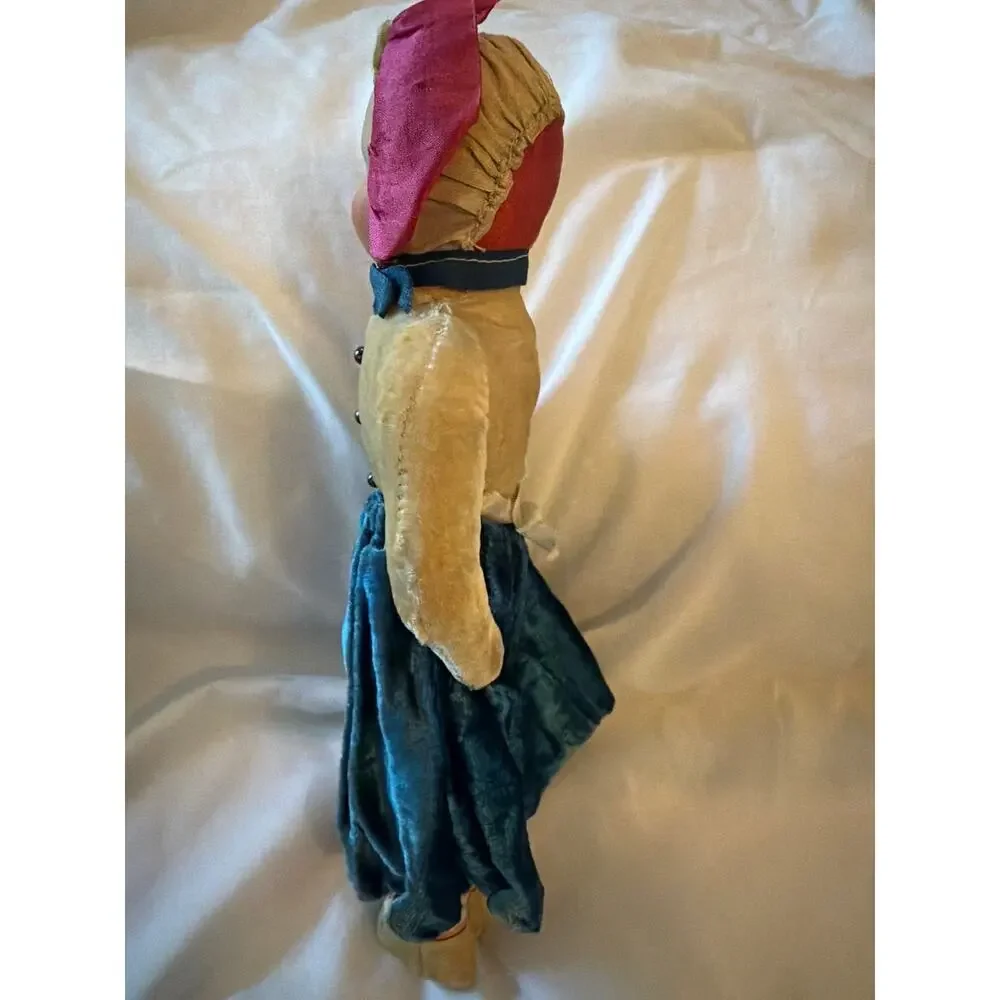 Vintage Cloth Doll Painted Face Bonnet Blue Velvet Dress Handmade 11